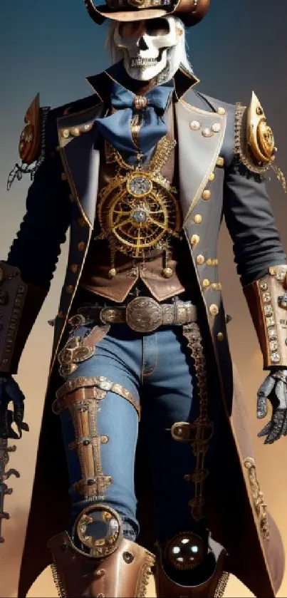 Steampunk skeleton warrior with detailed attire on mobile wallpaper.