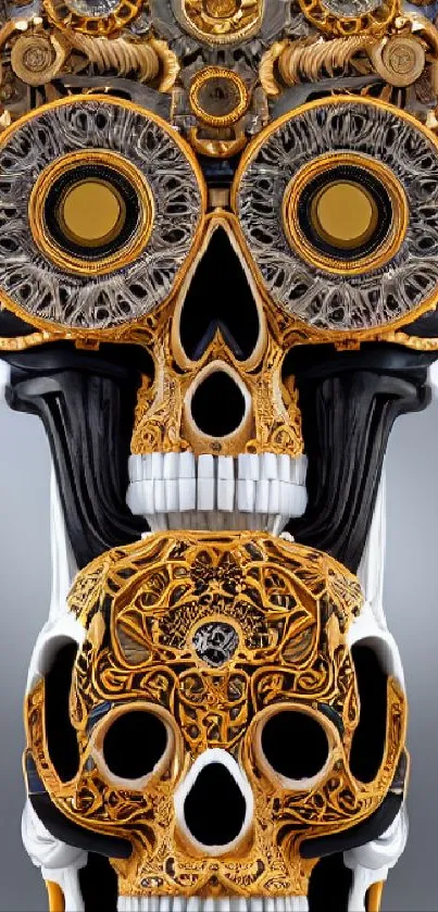 Intricate steampunk skull wallpaper with golden gears and artistic design.