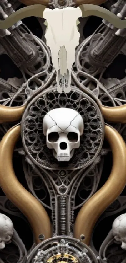 Intricate steampunk skull and mechanical gear wallpaper for mobile phone.