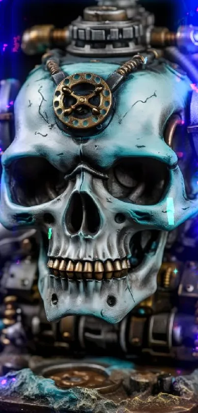 Steampunk skull artwork with mechanical elements in turquoise hues.