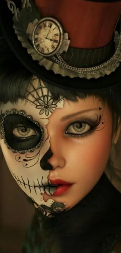 Steampunk woman with skull makeup and top hat