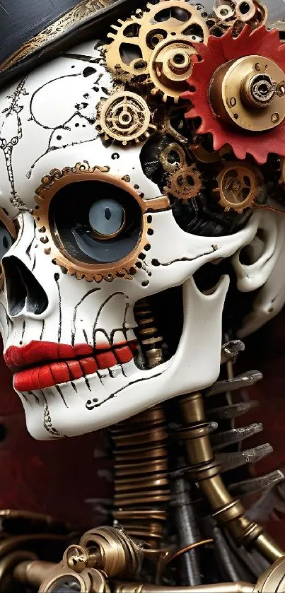 Steampunk skull with gears and vibrant colors.