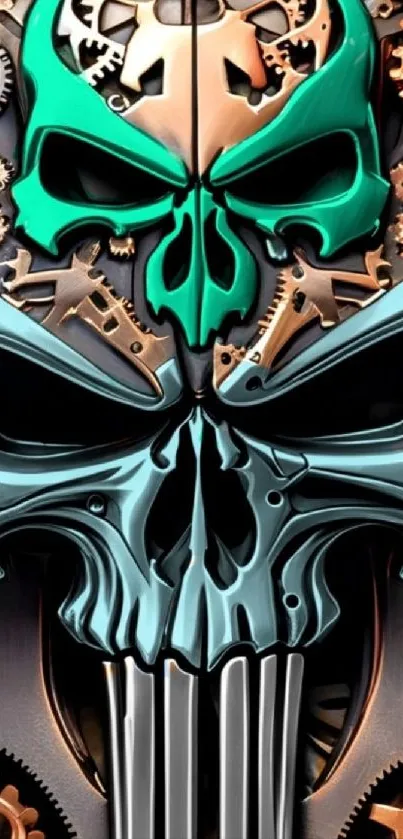 Steampunk skull with gears and metallic tones for mobile wallpaper.