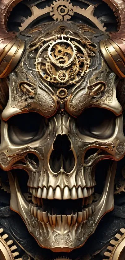 Steampunk skull with intricate gears and metallic details in a dark theme.