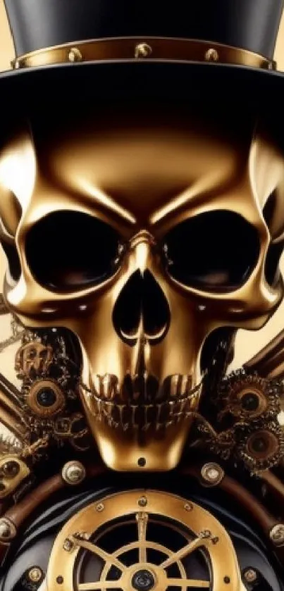 Steampunk skull design with gears and a top hat in golden hues.