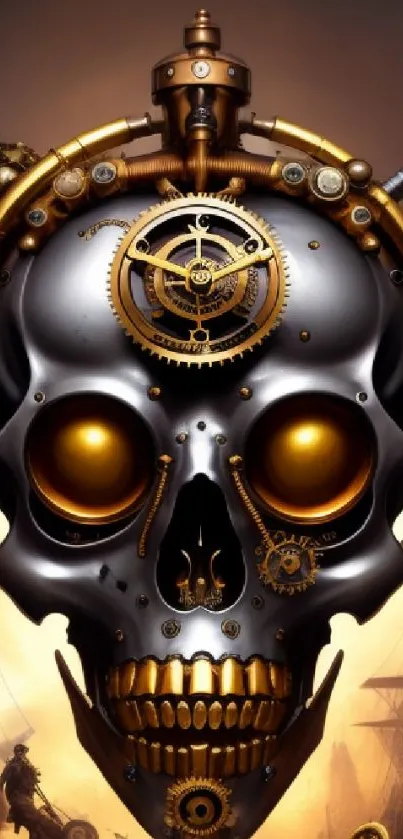 Steampunk skull with intricate gears and bronze tones in a dark, vintage style.