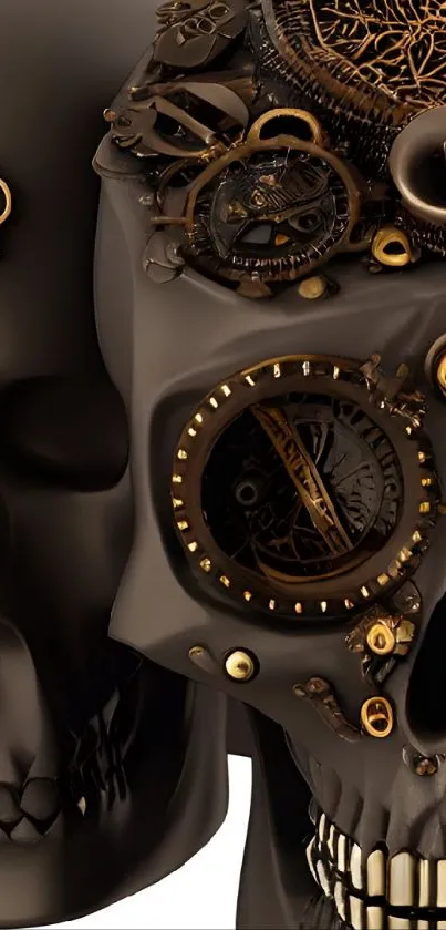 Steampunk skulls with intricate bronze accents in dark tones.