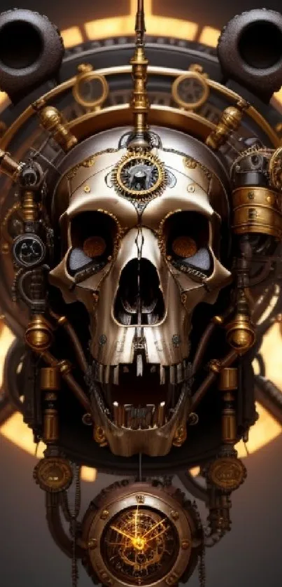 Steampunk skull with gears and golden glow, perfect for phone wallpaper.