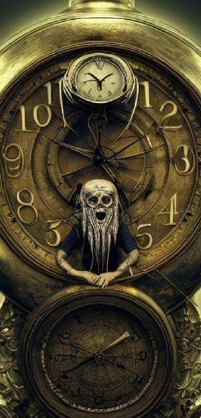 Steampunk clock with skull in brass tones, intricate design.