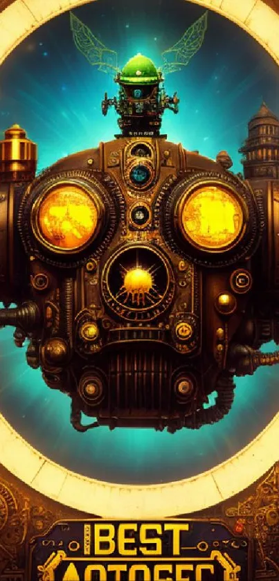 Steampunk skull design with glowing eyes and gears, perfect for mobile wallpaper.