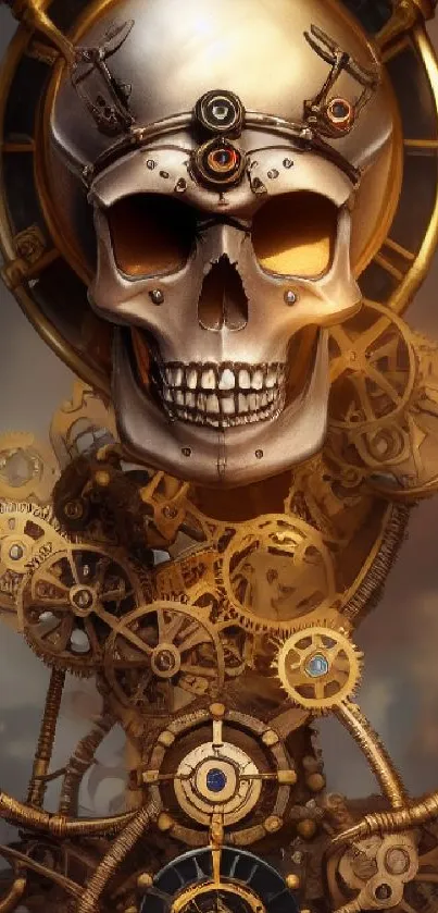 Steampunk skull with intricate gears in golden tones.