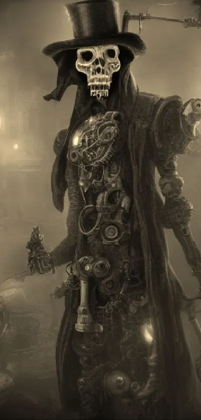 Steampunk skeleton with top hat in sepia tones.