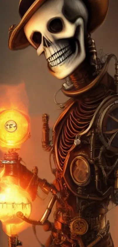 Steampunk skull with glowing orange light and gears on phone wallpaper.