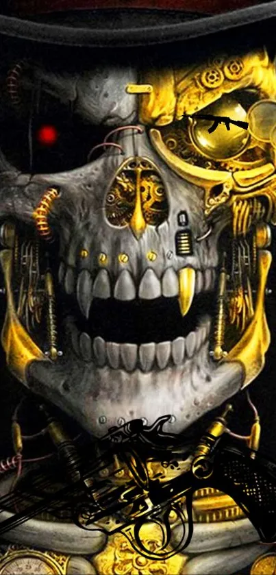 Steampunk skull with golden gears and dark background wallpaper.