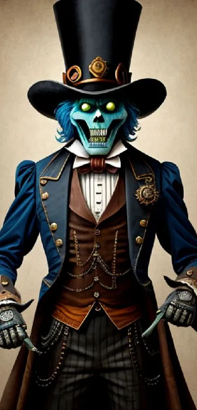 Steampunk gentleman skeleton in top hat with brown tones.