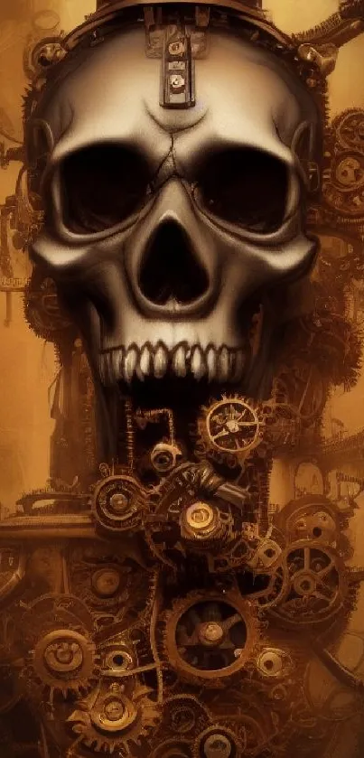 Steampunk skull with gears and metallic elements in sepia tones.
