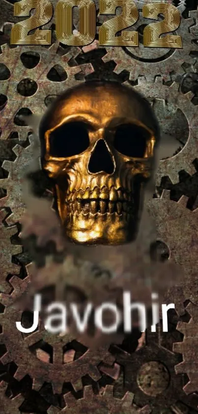 Steampunk skull with gears wallpaper on mobile.