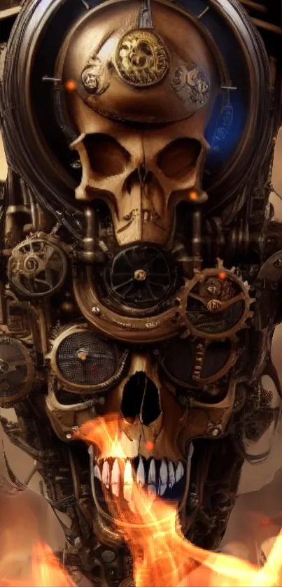 Steampunk skull with gears and fire elements for mobile wallpaper.