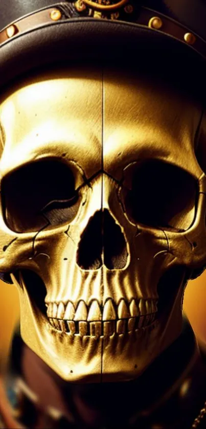 Golden steampunk skull with Victorian elements in vibrant mobile wallpaper.