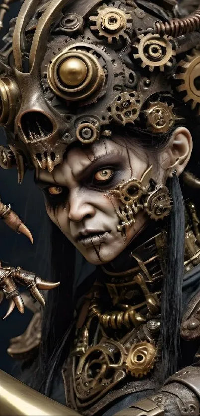 Steampunk skull warrior with intricate gears as a mobile wallpaper.