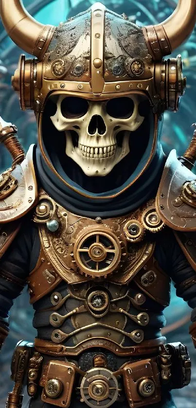 Steampunk skull warrior in bronze armor with intricate details.