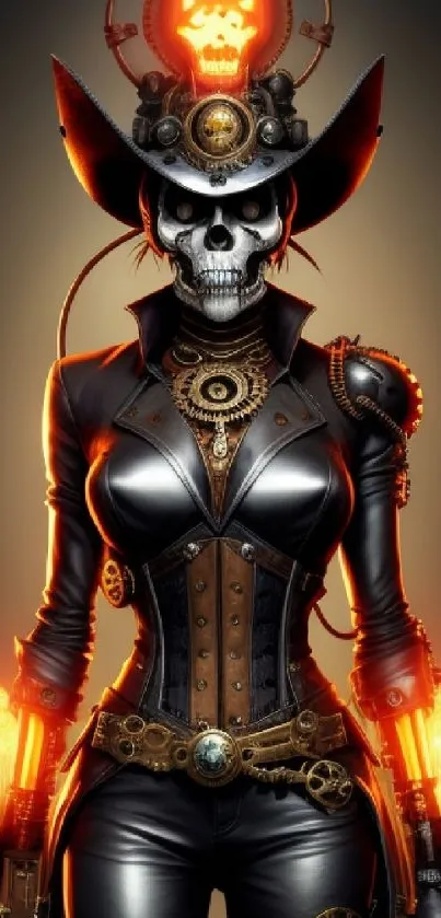 Steampunk skull warrior with gears and glowing elements in a dark theme.