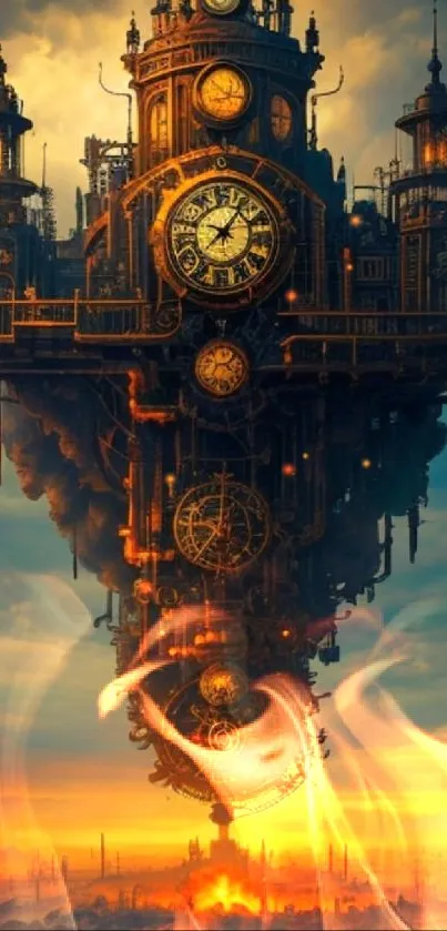 Steampunk clockwork fortress over sunset.