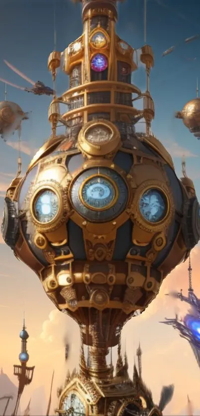 Steampunk airship in sky, fantasy-themed mobile wallpaper.