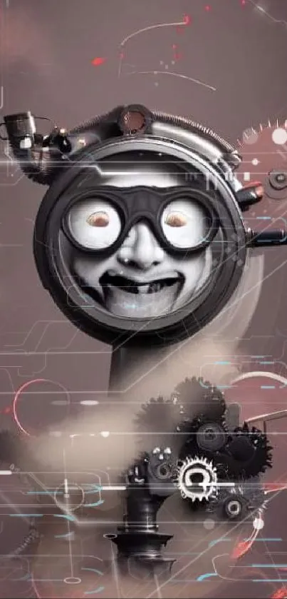 Steampunk art wallpaper with gears and a smiling robotic face on a gray background.