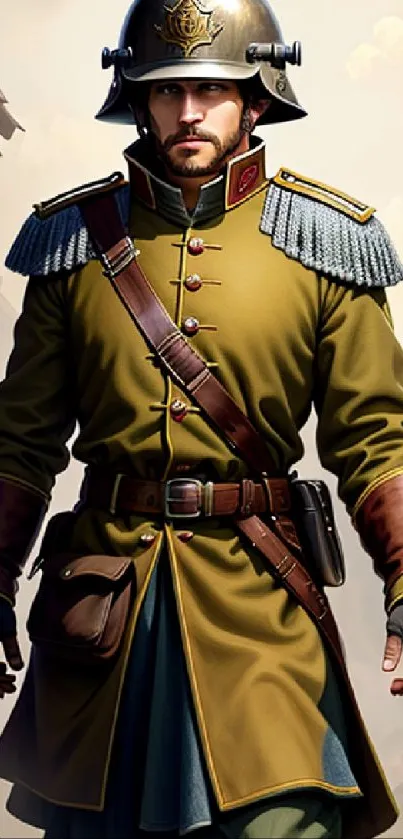 Steampunk soldier in olive uniform with historical backdrop.