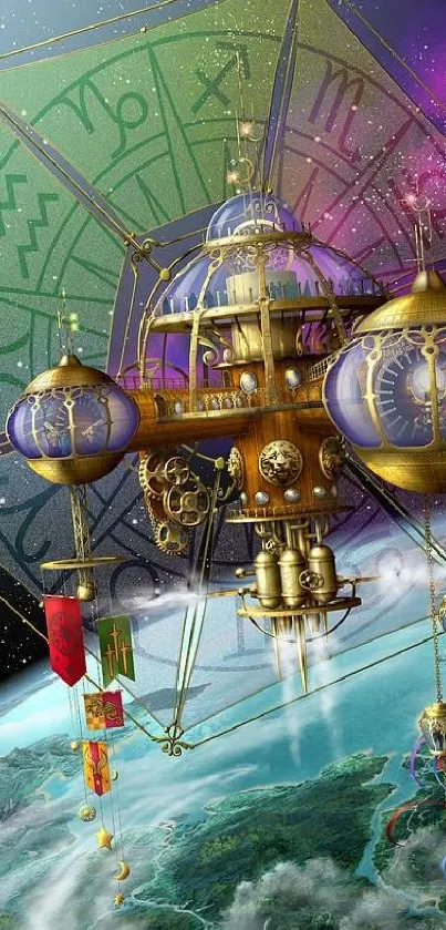 Steampunk space station in vibrant colors over Earth with celestial backdrop.