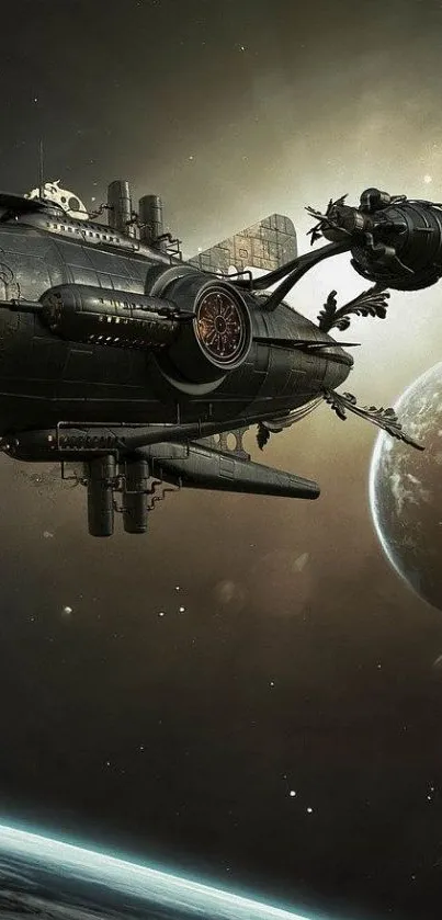 Steampunk spaceship exploring outer space with planets in the background.