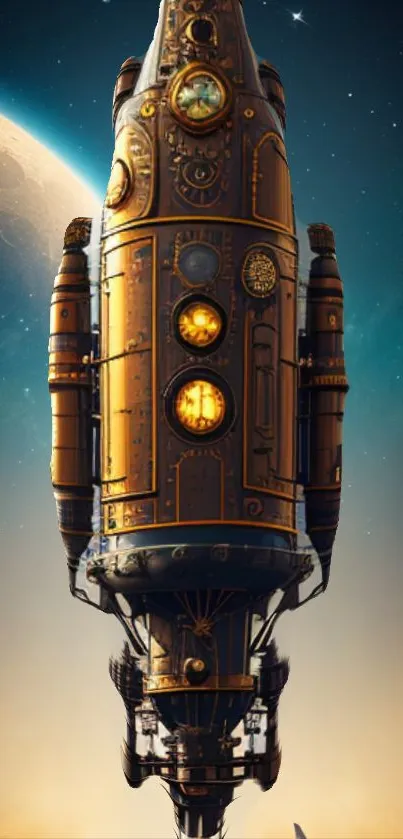 Steampunk spaceship against moonlit sky with a dark brown theme.