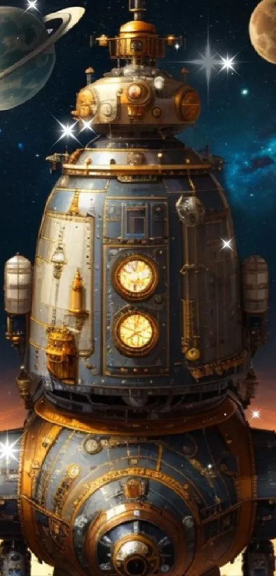 Steampunk spaceship against a cosmic backdrop with planets.