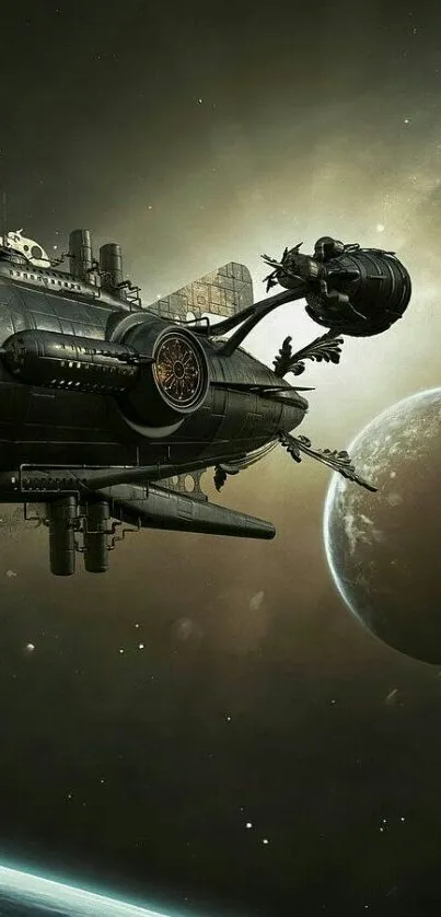 Steampunk spaceship travels in deep space with planets in the background.