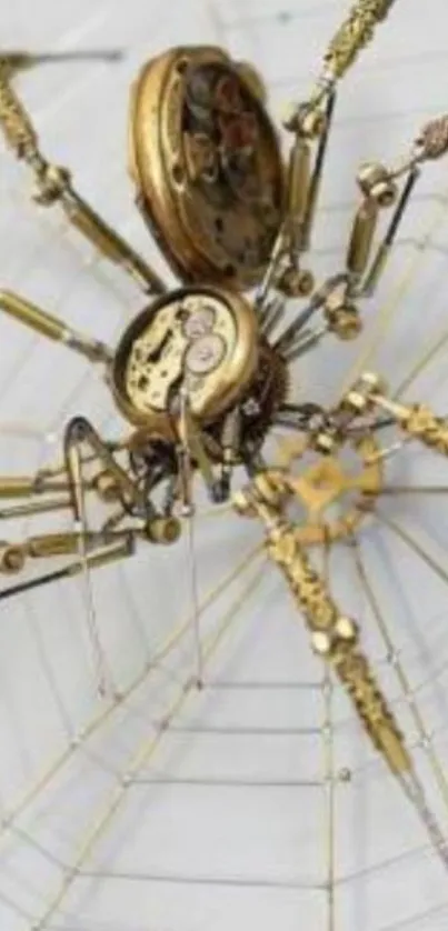 Steampunk spider artwork with clock parts on a web background.