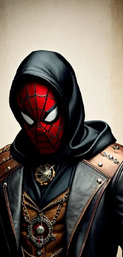 Steampunk Spider-Man in leather with a vintage backdrop.