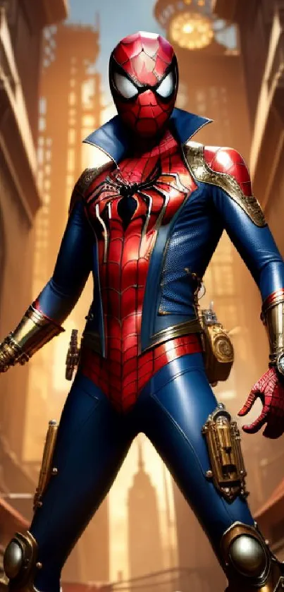 Steampunk Spiderman stands tall in a vibrant cityscape.