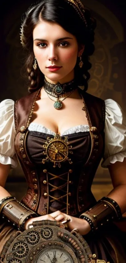 Victorian steampunk character in brown attire with ornate gears, set against an elegant backdrop.