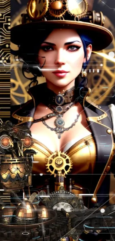 Steampunk themed mobile wallpaper with intricate clockwork and stylish character.