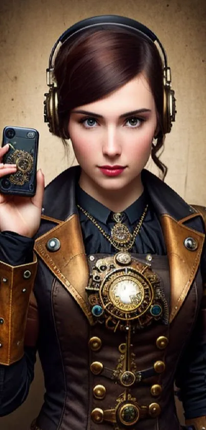 Steampunk woman holding a phone in vintage gear.