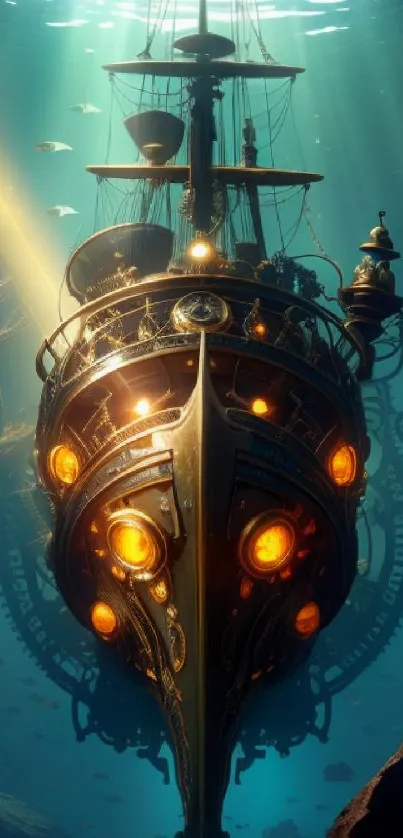 Steampunk submarine in ocean with golden lights and deep blue hues.