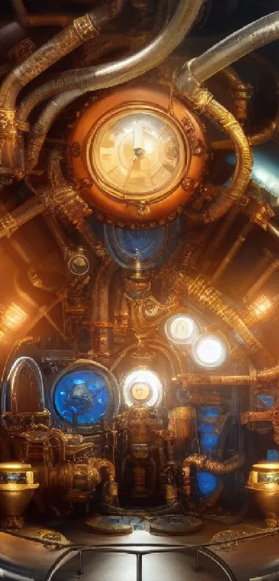 Steampunk submarine interior with gears and warm lighting.