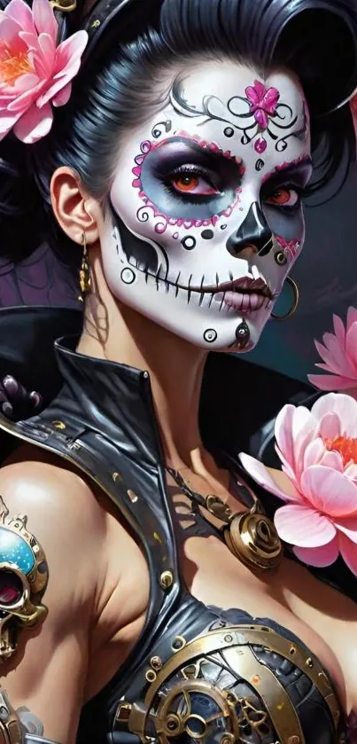 Steampunk sugar skull with pink flowers and leather attire