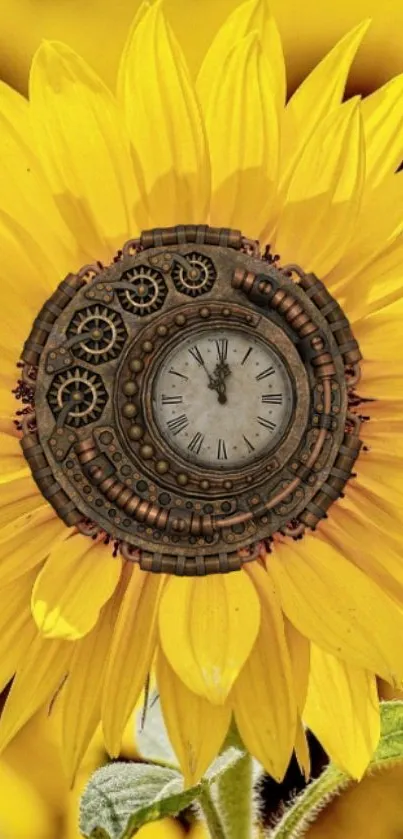 Sunflower with steampunk clockwork in vibrant yellow.