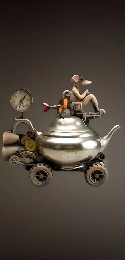 Steampunk teapot mobile with whimsical design.