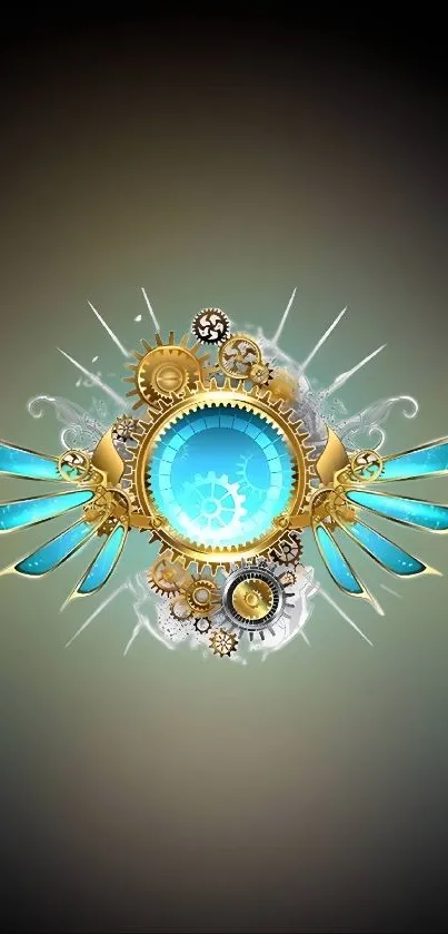 Steampunk gear and wings wallpaper with glowing blue center.