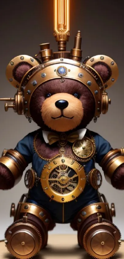 Steampunk teddy bear with mechanical accents and glowing lightbulb.