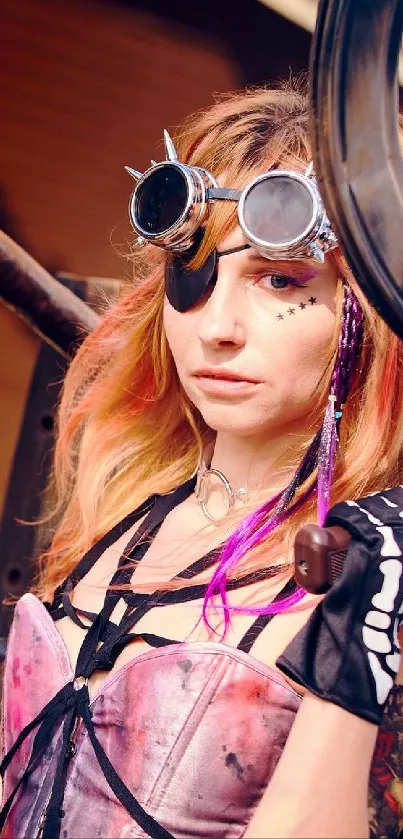 Steampunk styled woman with goggles in an industrial setting.