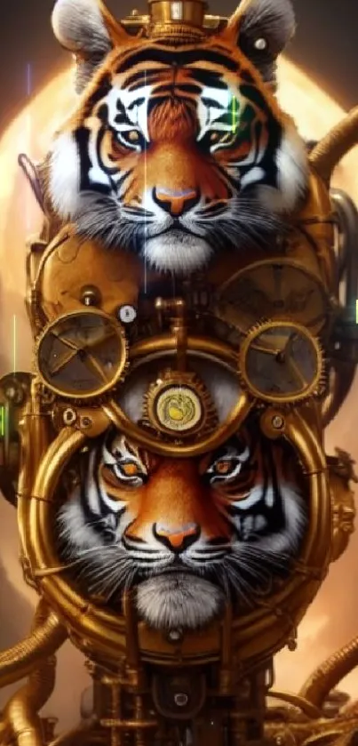 Steampunk tiger wallpaper with twin portraits against a mechanical backdrop.